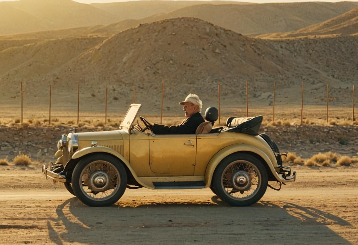 Vintage Car Journey Through Desolate Landscape