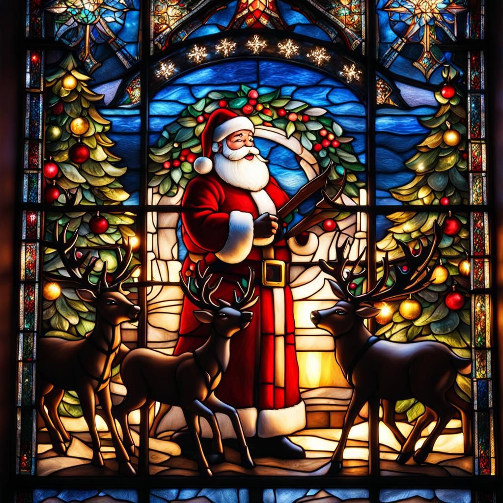 Christmas Stained Glass Window with Santa and Reindeer