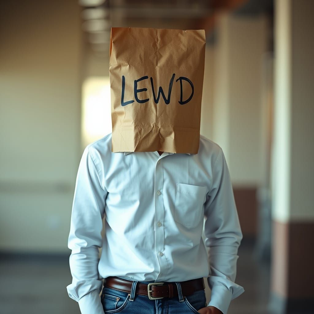 Man in Paper Bag with Lewd Message, Sharp Focus