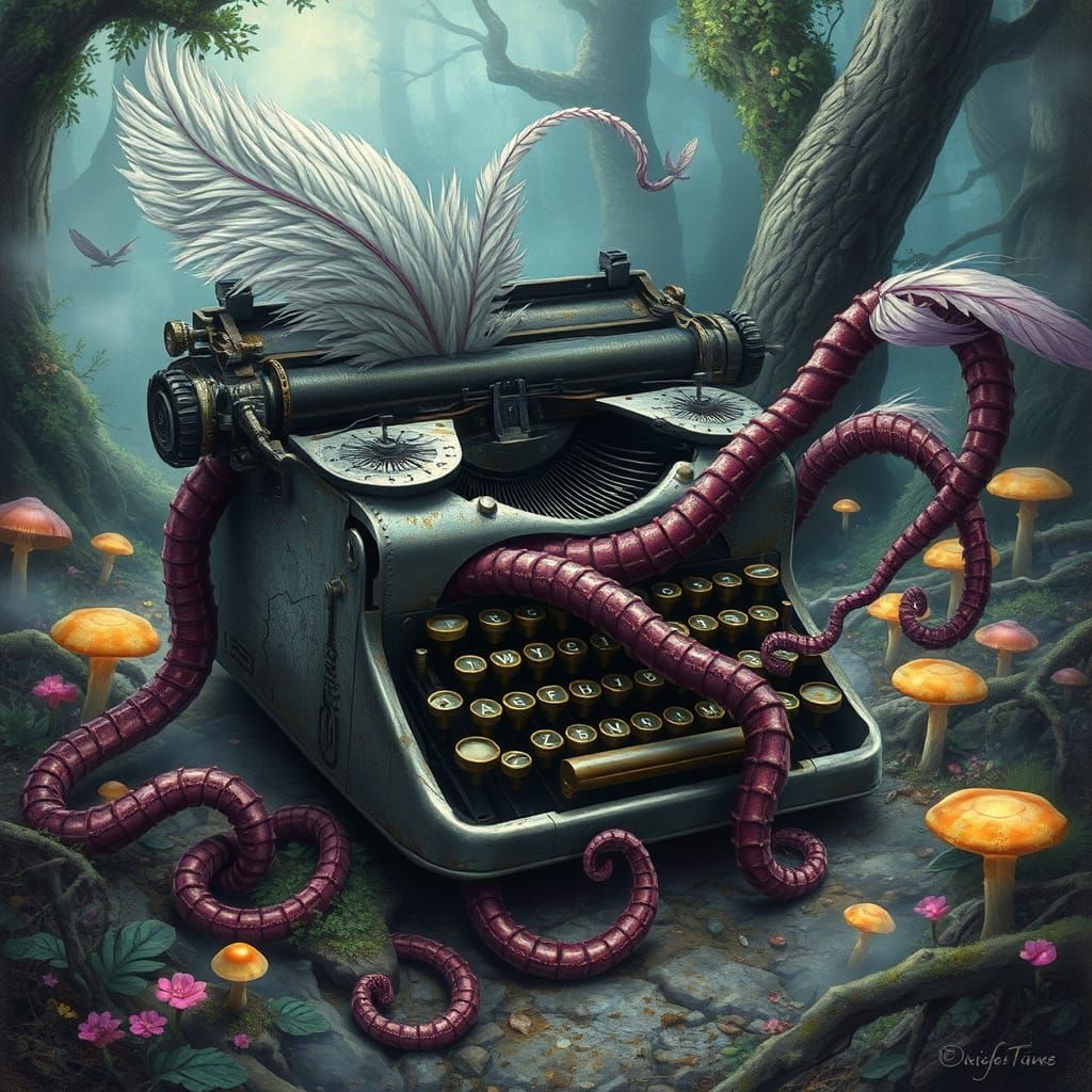 Surreal Typewriter Creature Emerges from Dreamworld Forest