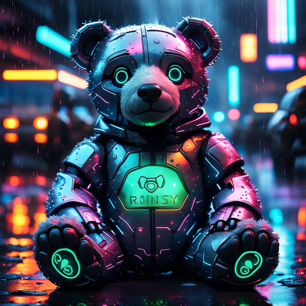 Cyberpunk Teddy Bear in Rainy Cityscape