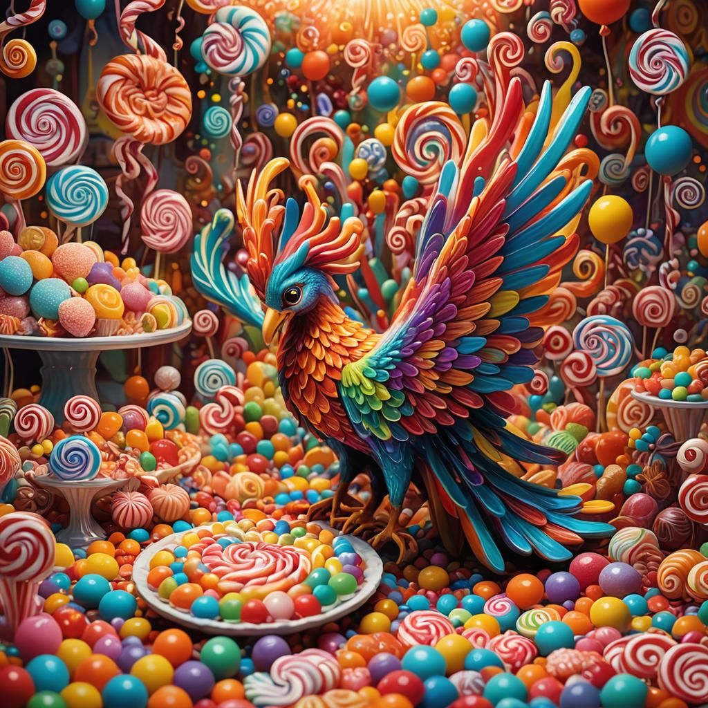 Phoenix in Candy Wonderland: Pop Surrealism Digital Art