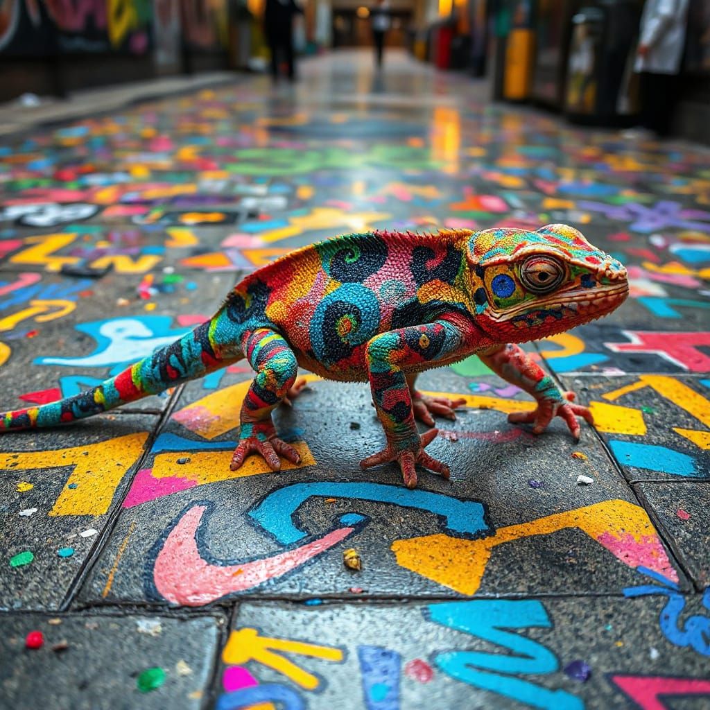 Chameleon with Living Graffiti Skin on Urban Floor