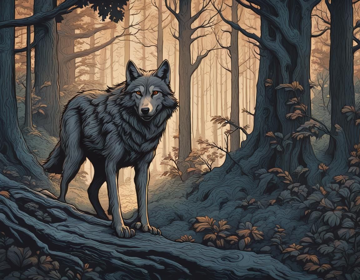 Wolf in Woods as Detailed Woodcut Painting
