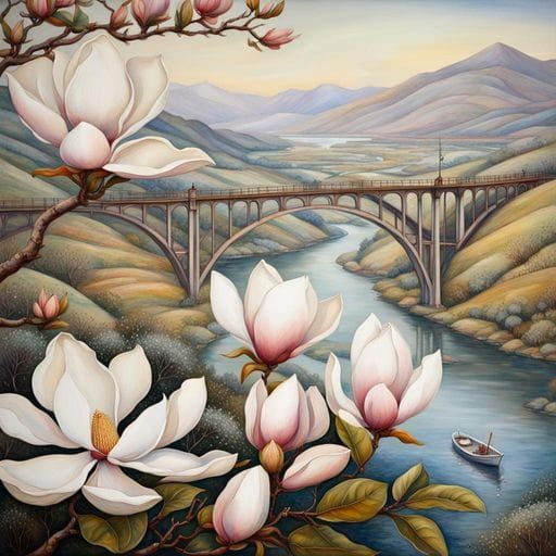 Magnolia Tree Oil Painting with Birds and River