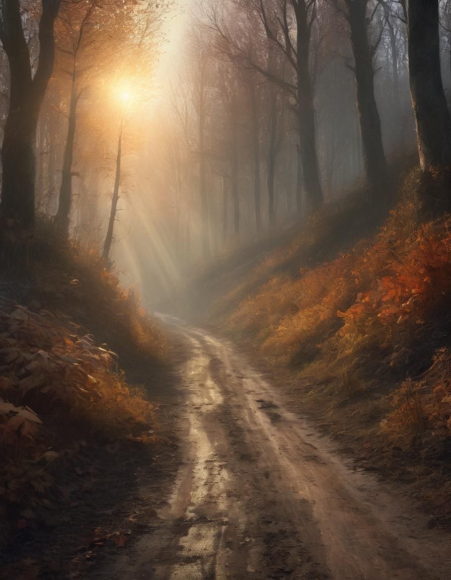 Mysterious Dirt Road Through Dense Autumn Forest