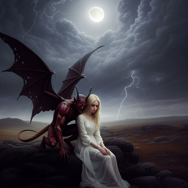 Melancholy Woman with Demon in Moonlit Landscape