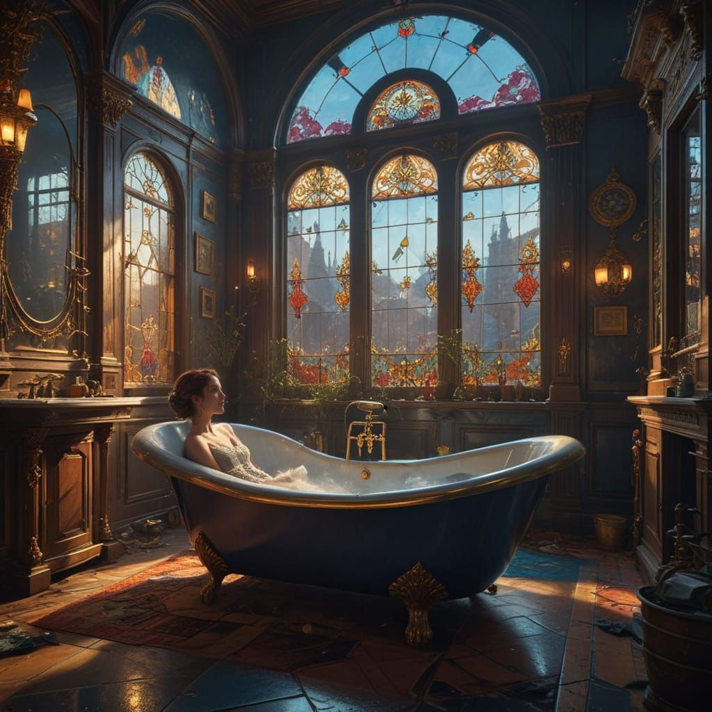 Fantastical French Bath Scene in Deep Colors