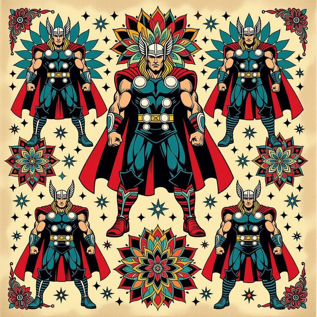 Thor Action Figure on Vintage Tattoo Sheet