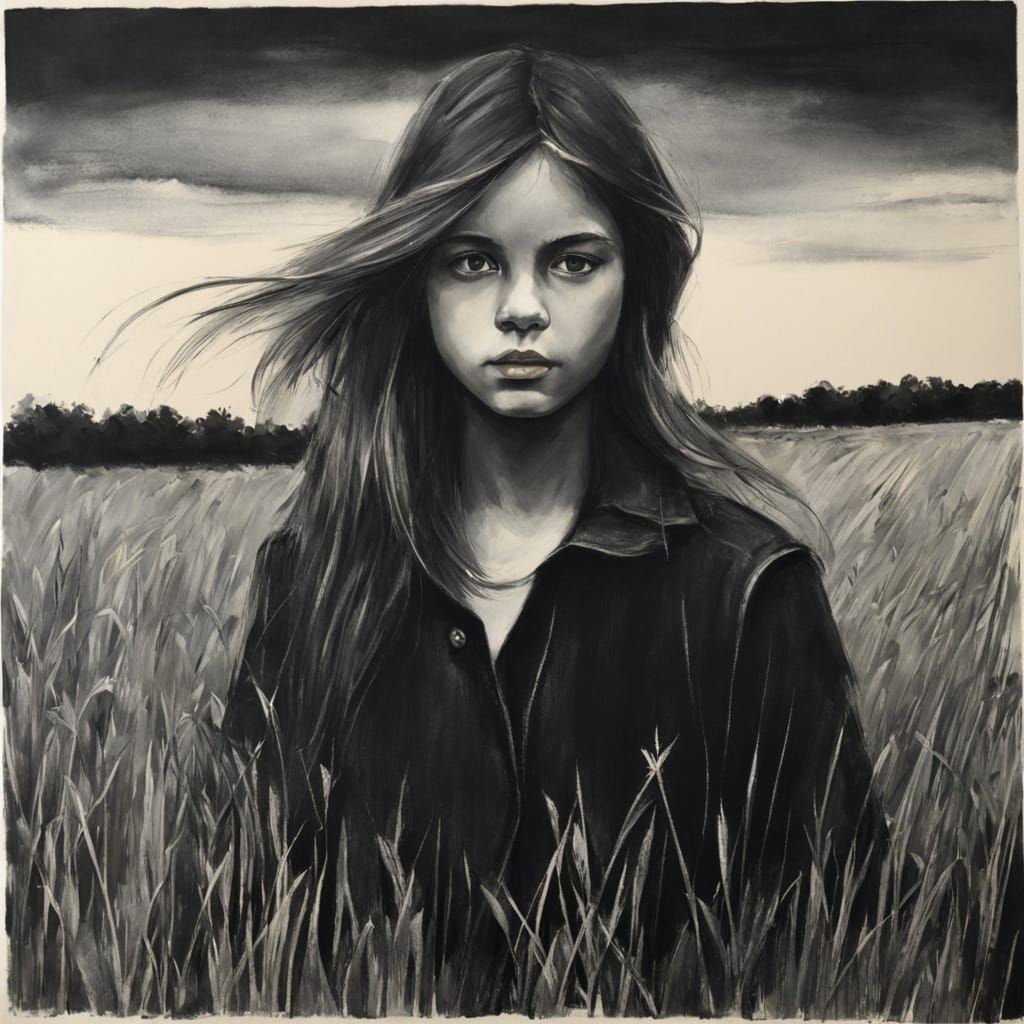 Girl in a Field, Loose Charcoal Drawing