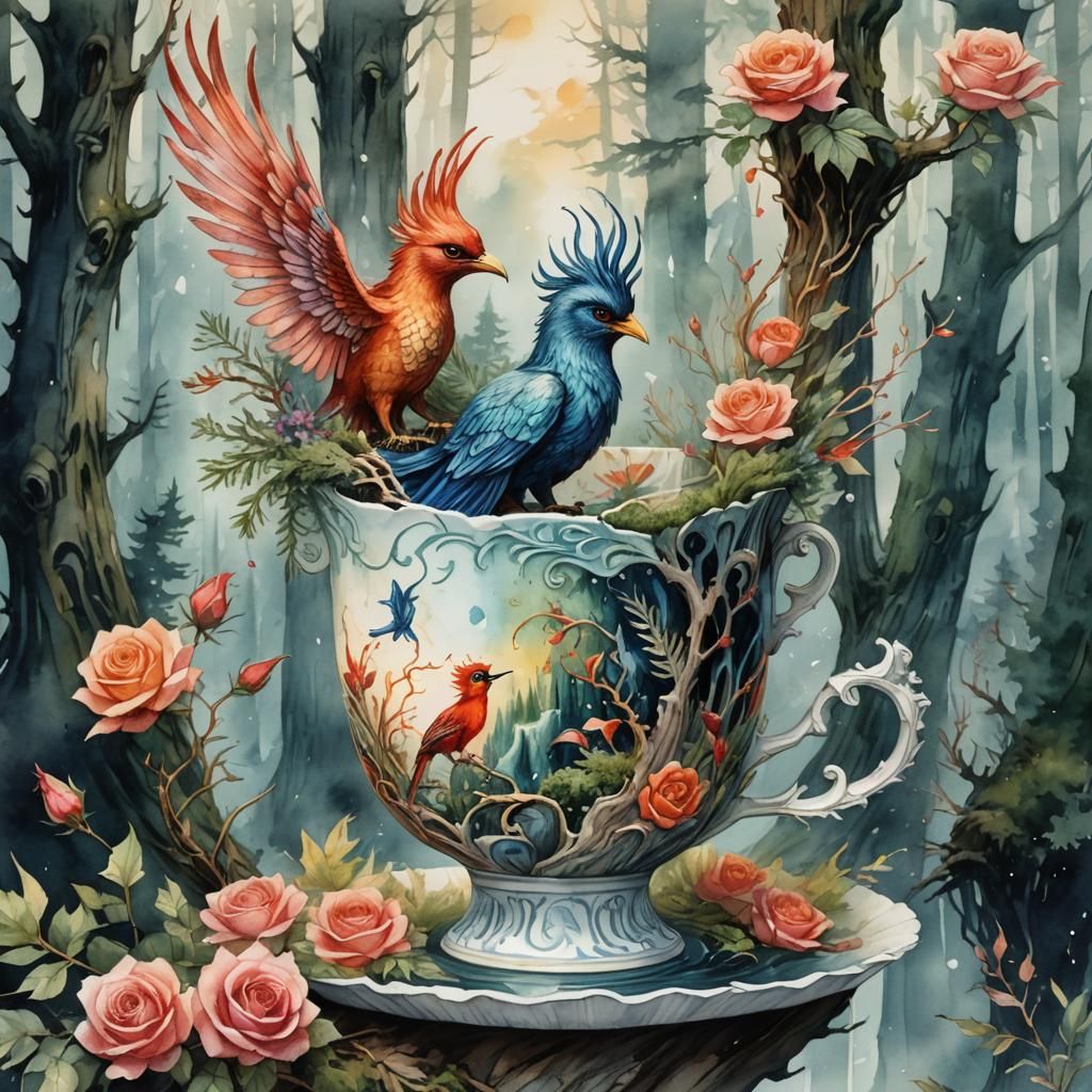 Forest World in Porcelain Cup: Fantasy Concept Art