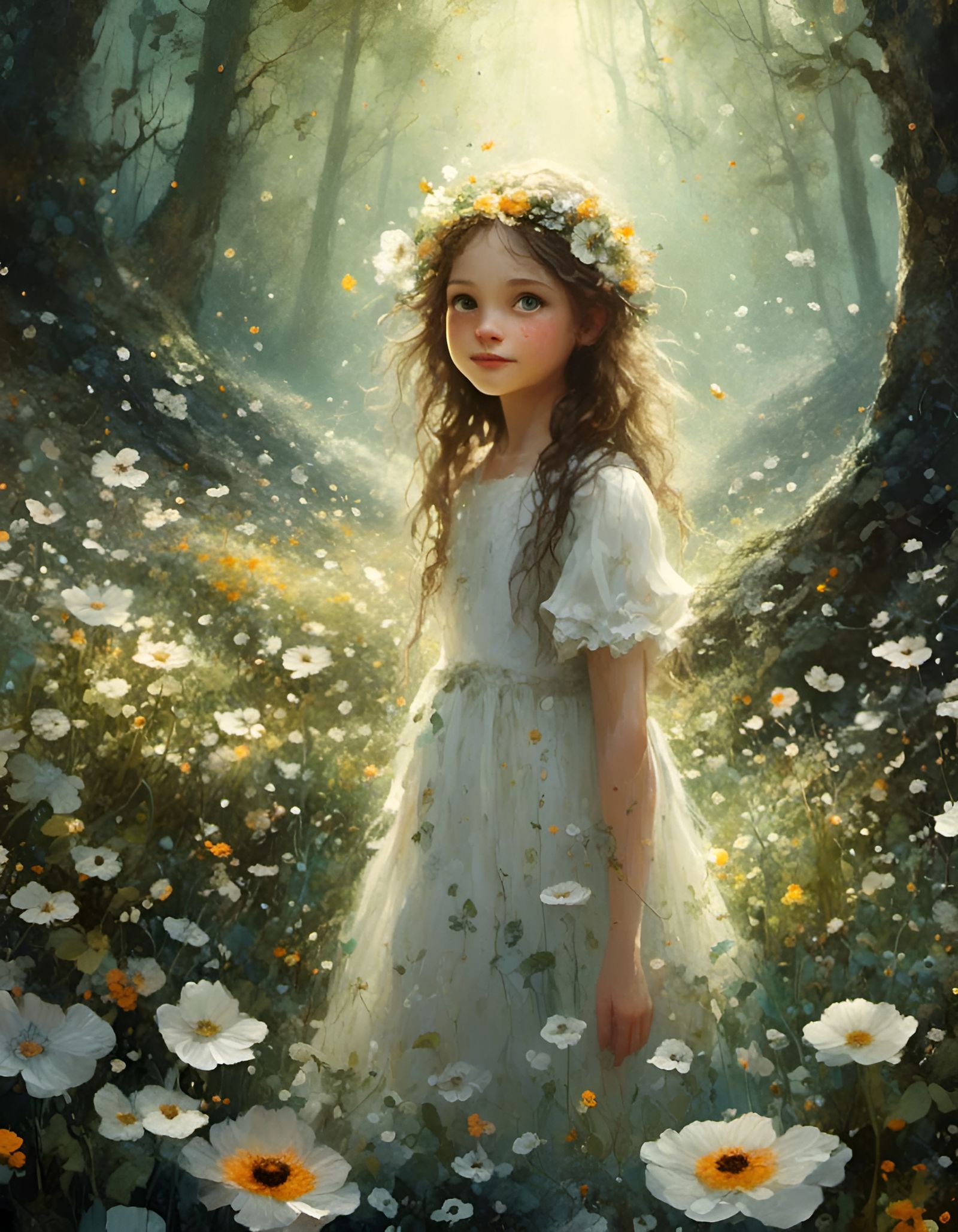 Girl in White Dress Among Spring Anemones