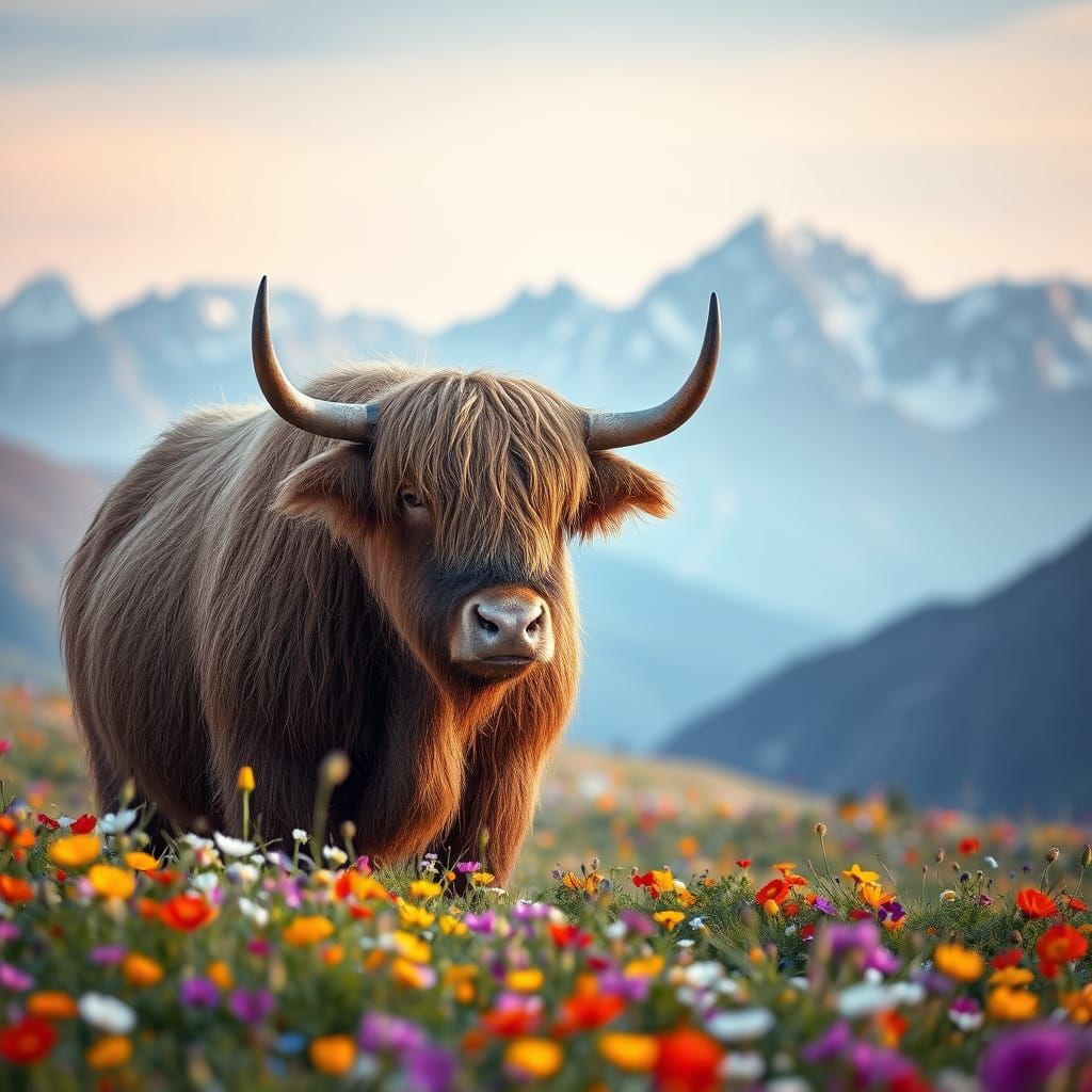 Surreal Yak in Swiss Alps at Dawn