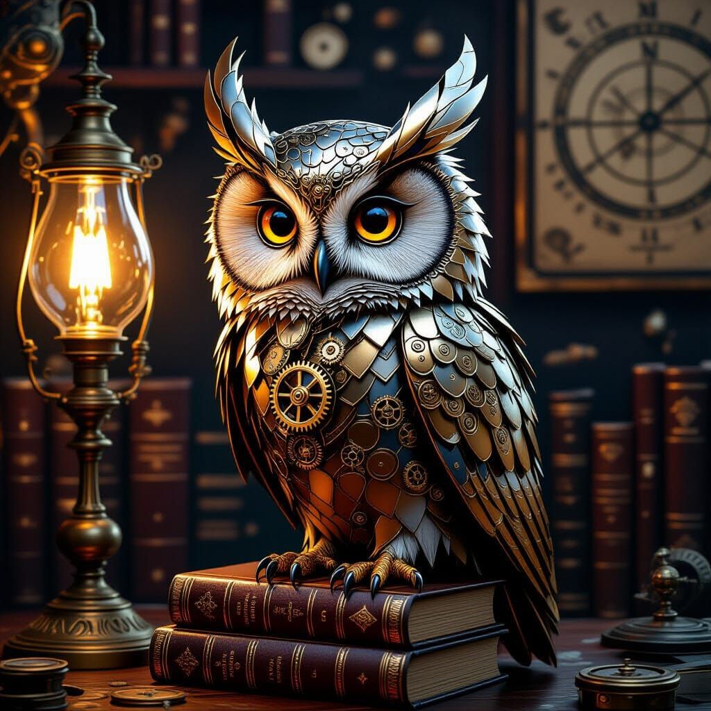 Steampunk Owl on Books in Victorian Study