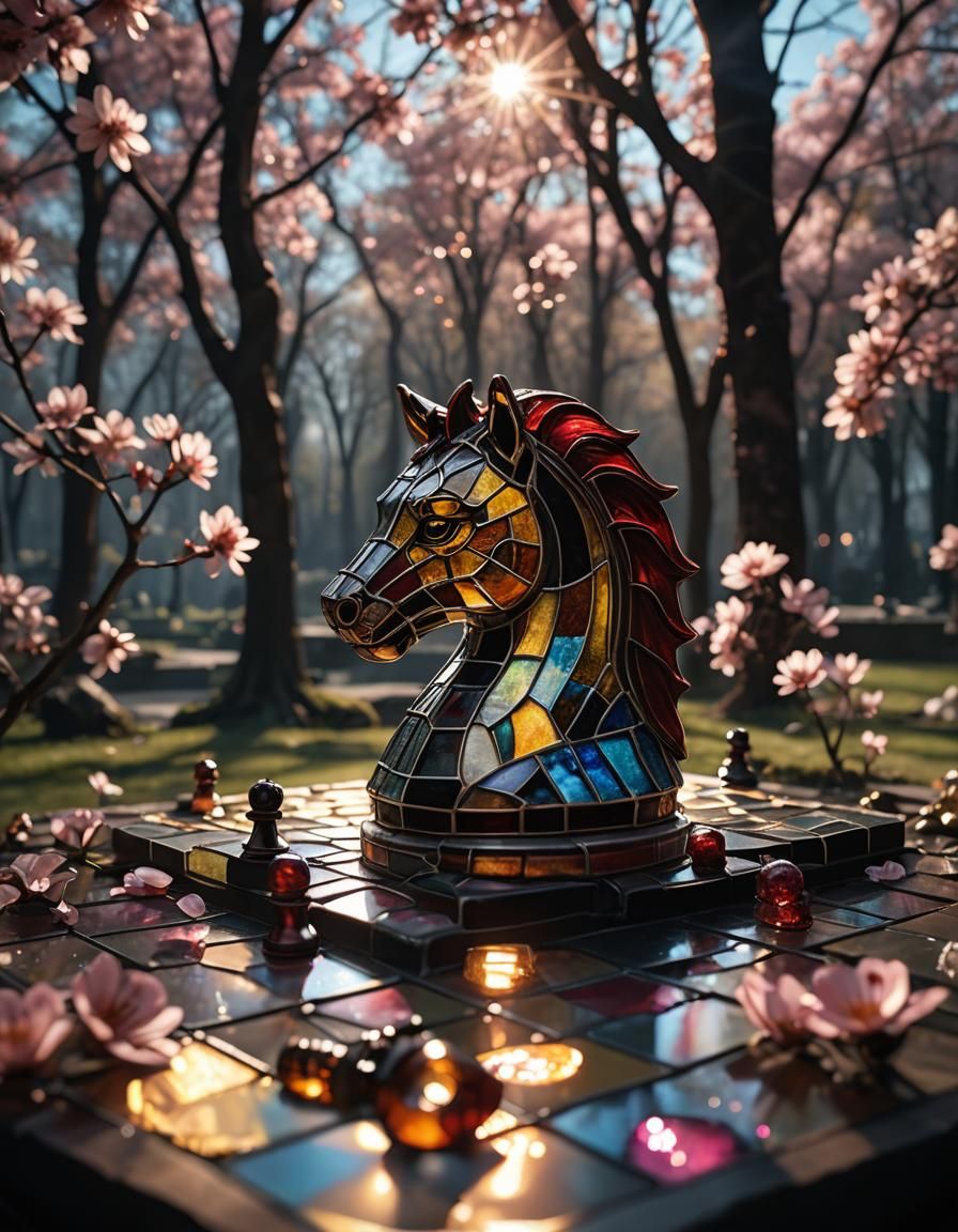 Stunning hyperrealistic extremely close up of a very cute adorable chess board made out of (stained glass: 2.0) (transpa...