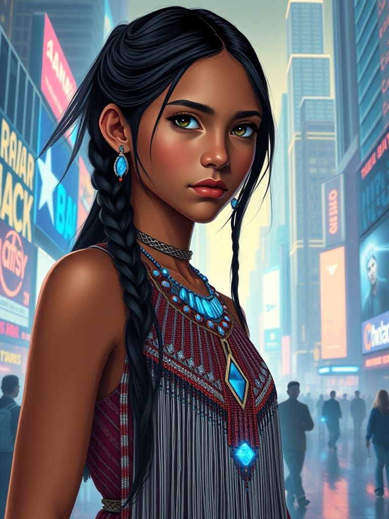 Native American Girl in Cyberpunk Cityscape
