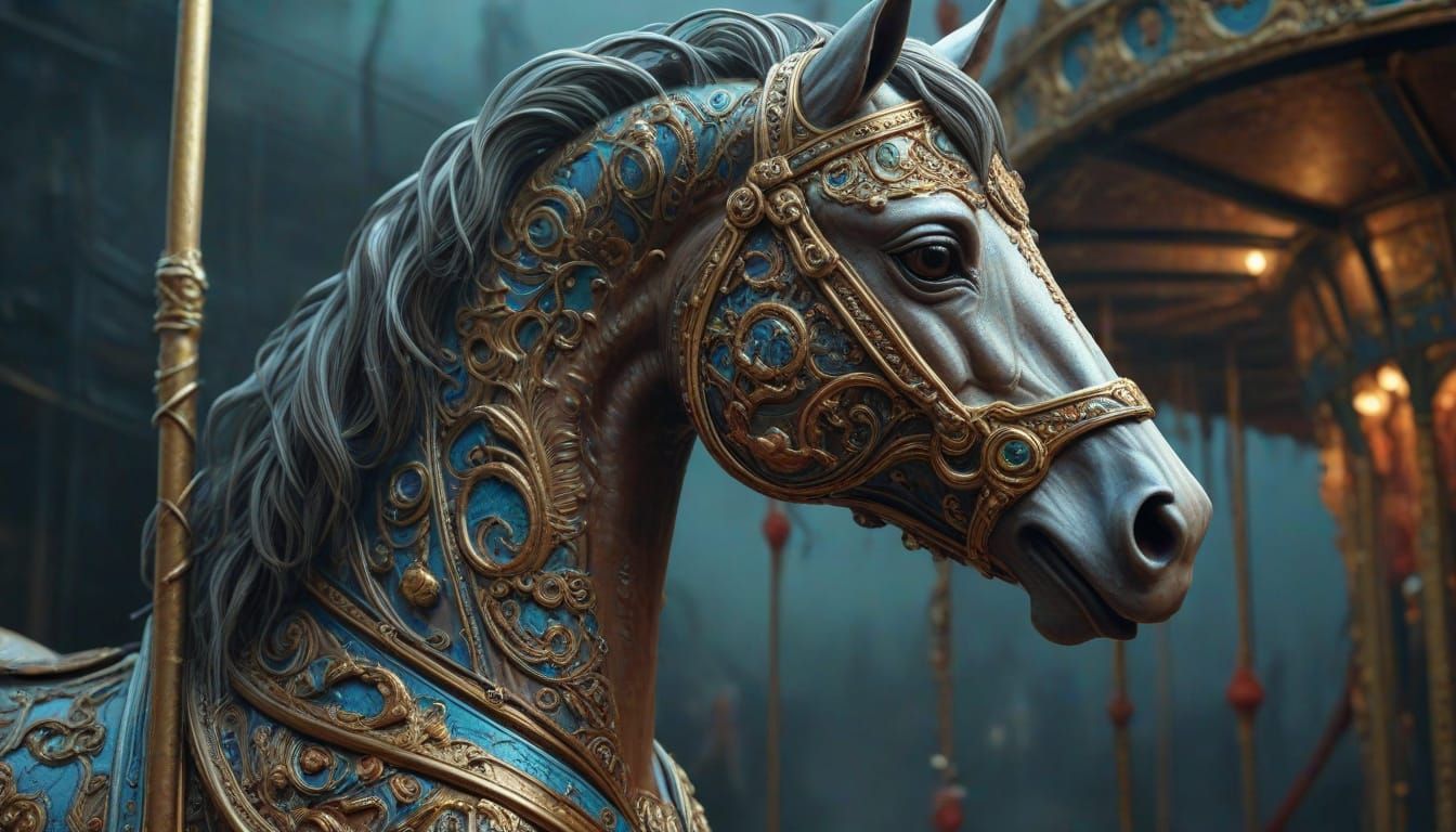 Surreal Carnival Carousel Horse in Dystopian Atmosphere