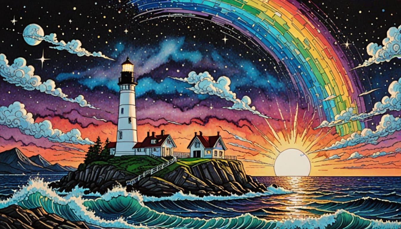 Luminous Lighthouse Under Sparkling Cosmic Sky