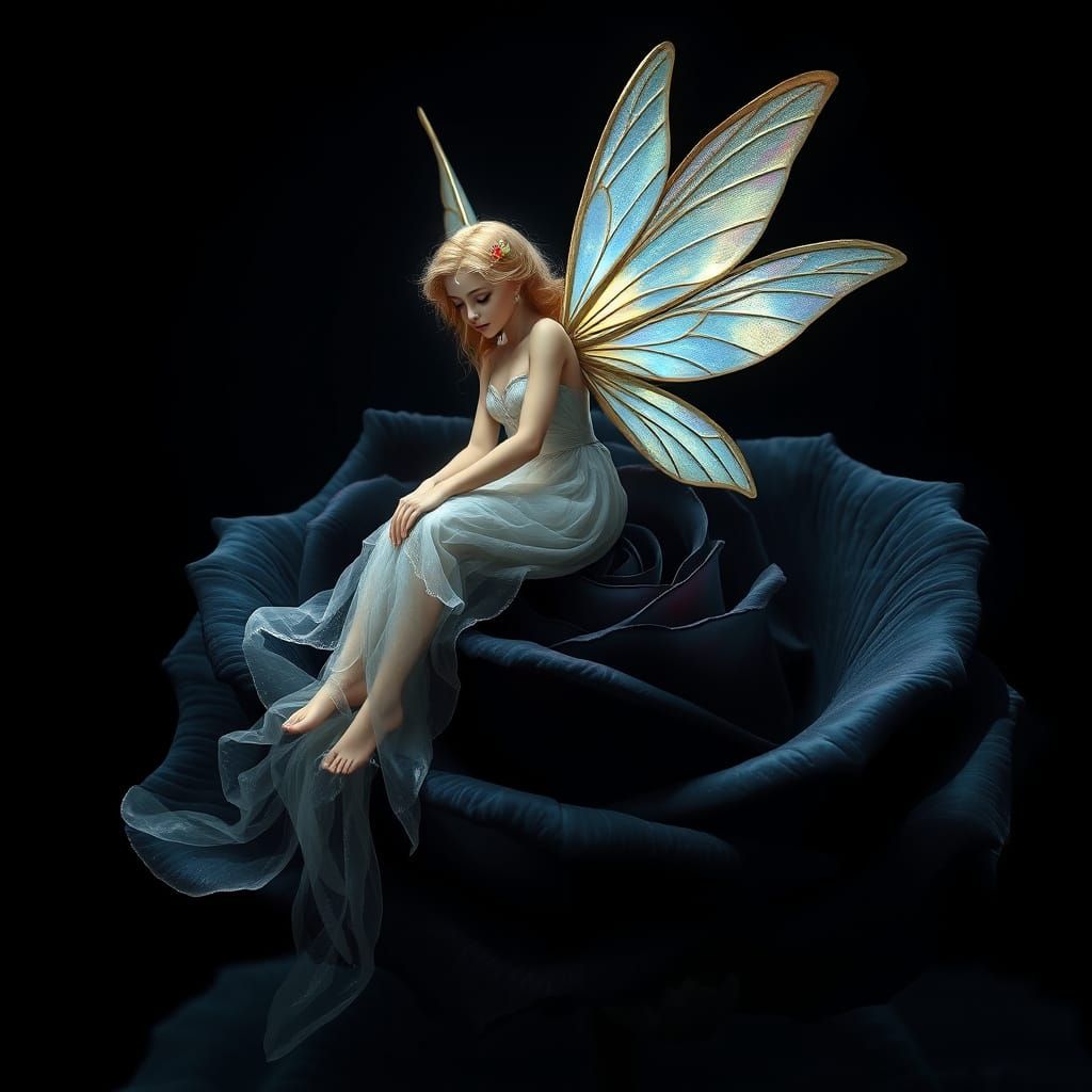 Ethereal Fairy on Black Rose in Hyperrealistic Fantasy Style