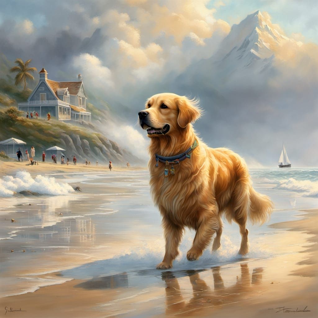 Golden Retriever Beach Walk in Ethereal Style