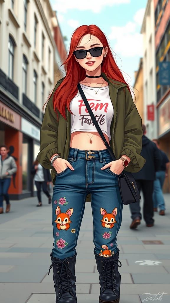 Redhead Model in London Streetwear: Anime Style