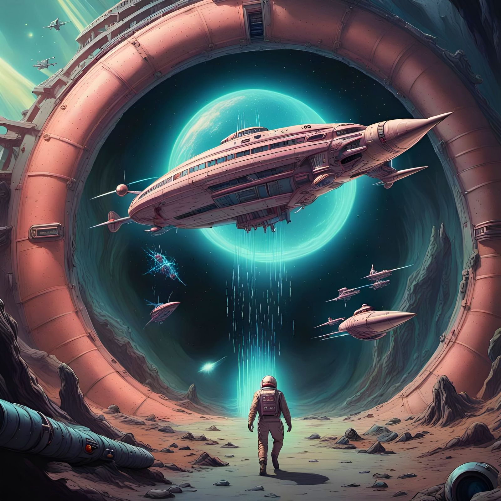 Retro Sci-Fi Space Battle with Monsters