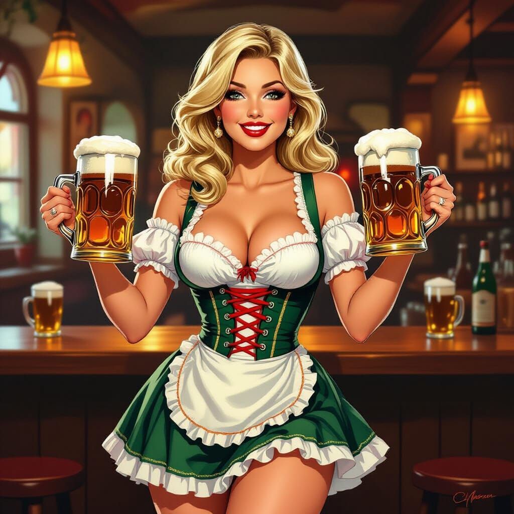 Blonde German Lady with Beer Stein in Munich Pub