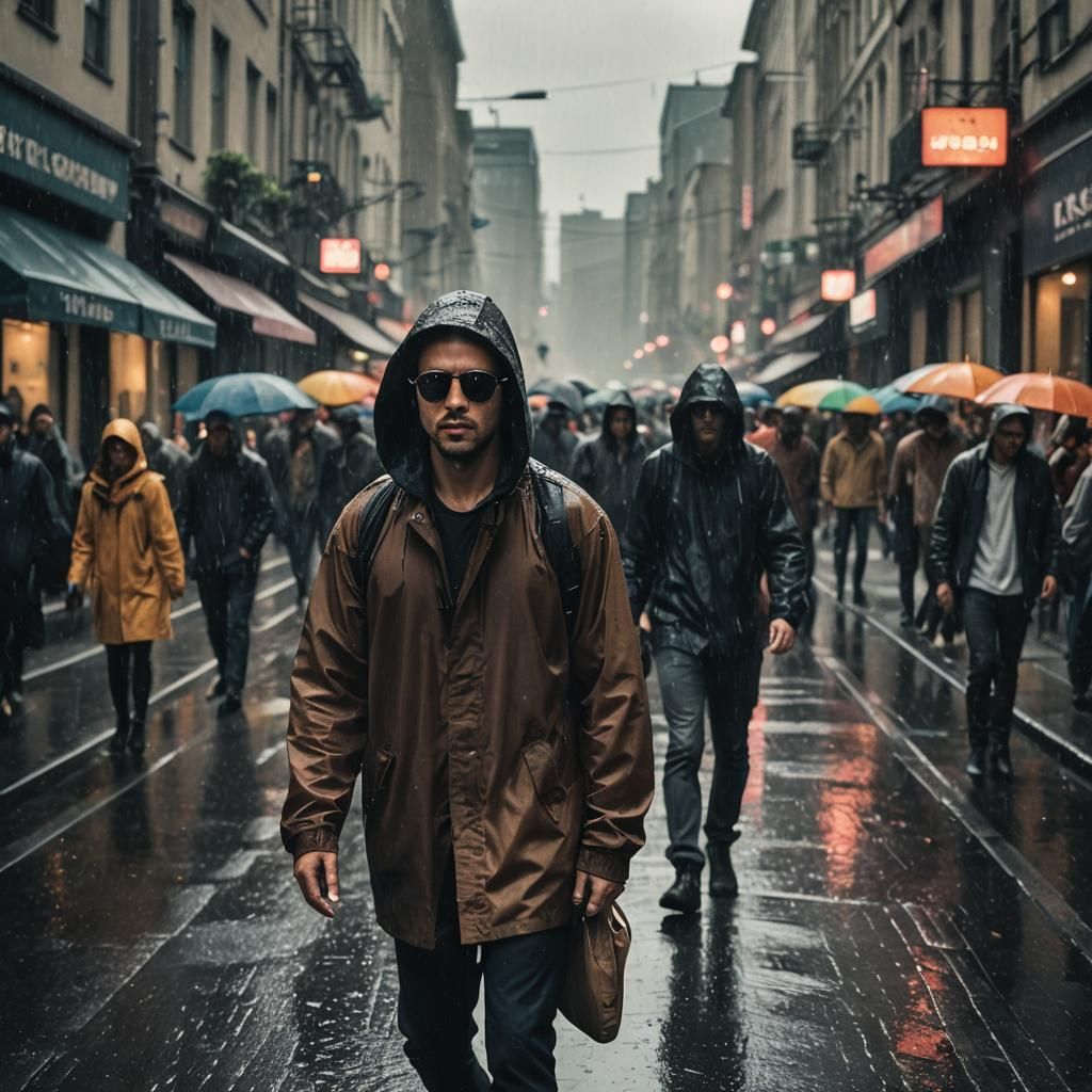 Dramatic Hooded Figure in Rainy City Street