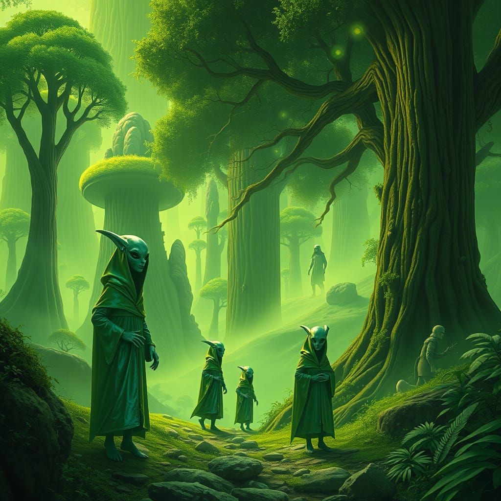 Green Aliens Explore Lush Alien World