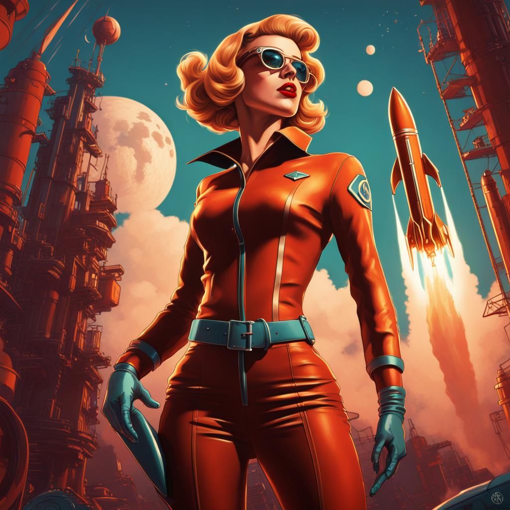 Rocket Girl Epic Pose in Pop Art Deco Style