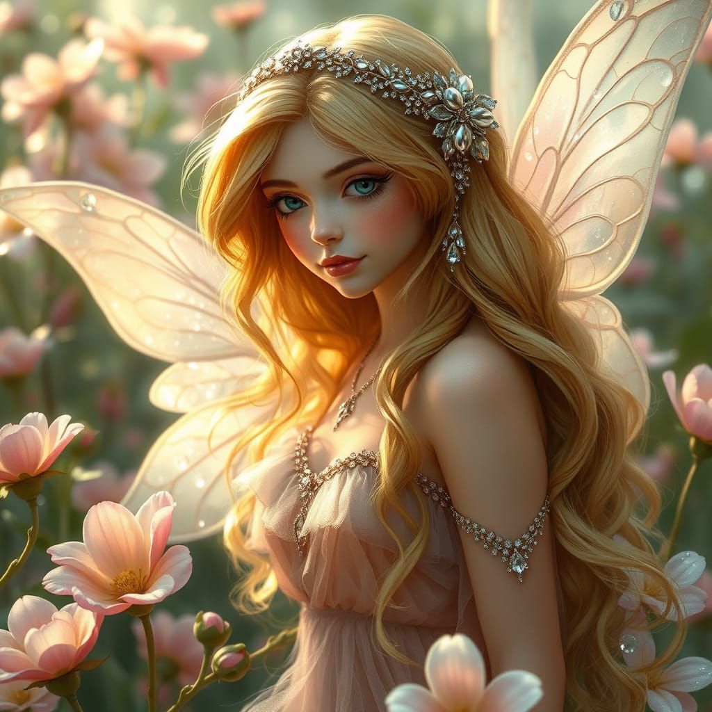 Golden Fairy in a Dewdrop Garden