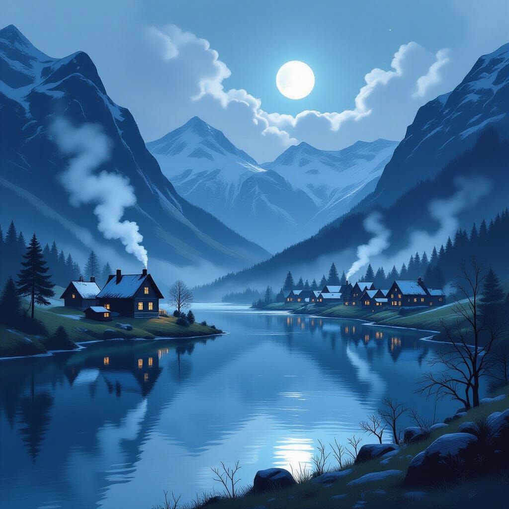Moonlit Village in Valley: Watercolor and Tilt-Shift