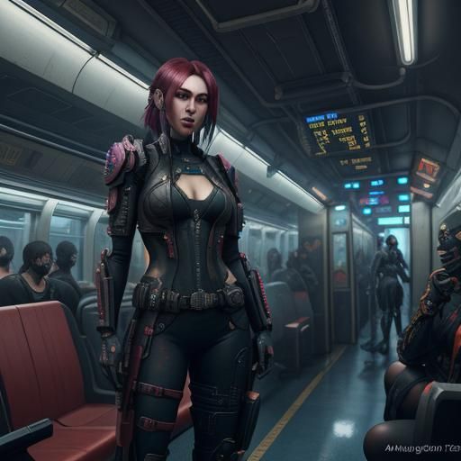 Cyberpunk Girls on a Train, Detailed Digital Art