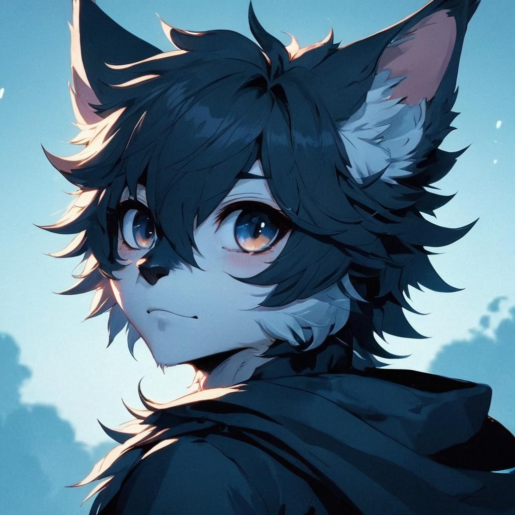 Anime Black Cat Portrait, Minimalist Digital Art