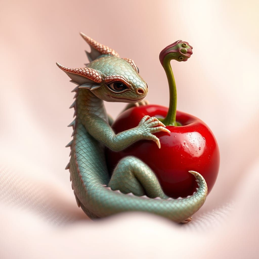 Whimsical Dragon Encircles Cherry in Dreamlike Setting