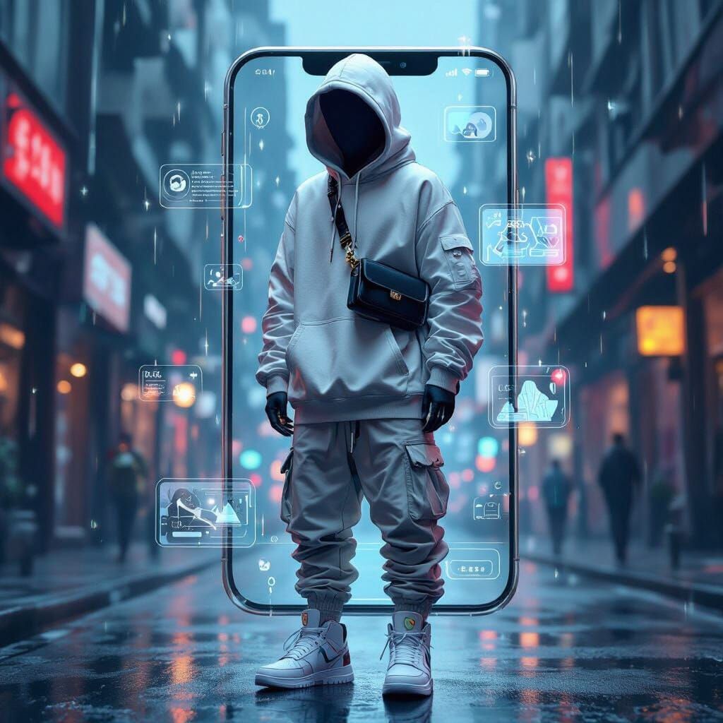 Streetwear Outfit Displayed on Translucent Smartphone Screen