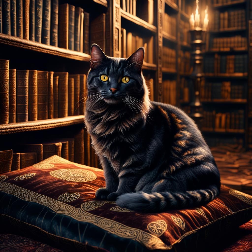 Mystical Library with Black Tabby Cat in Velvet Cushion