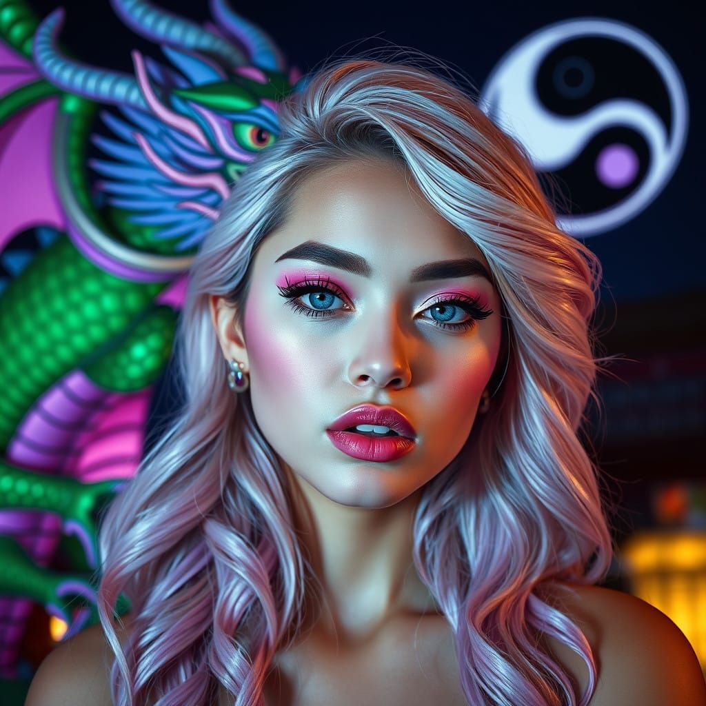 Vibrant Hyperrealistic Portrait of a Woman and Chinese Drago...