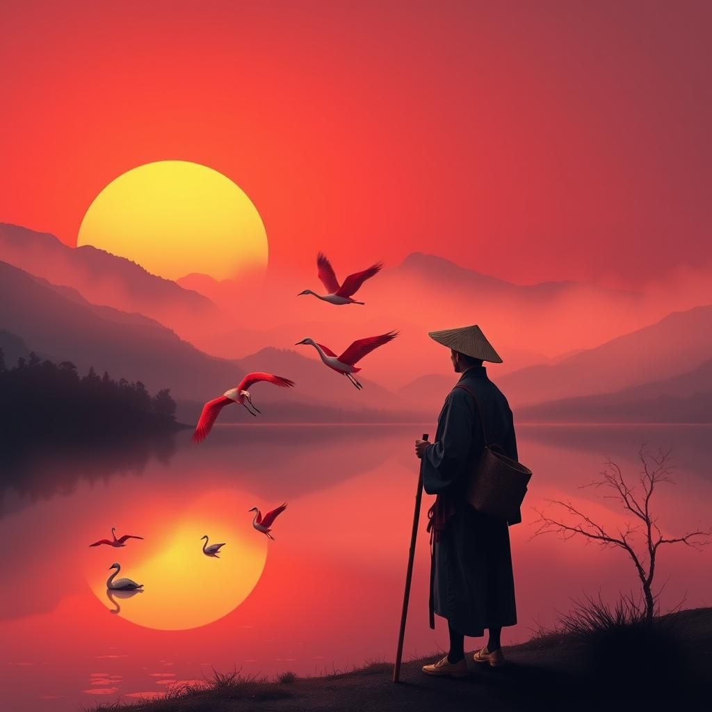 Japanese Wanderer at Mountain Lake: Ukiyo-e Style