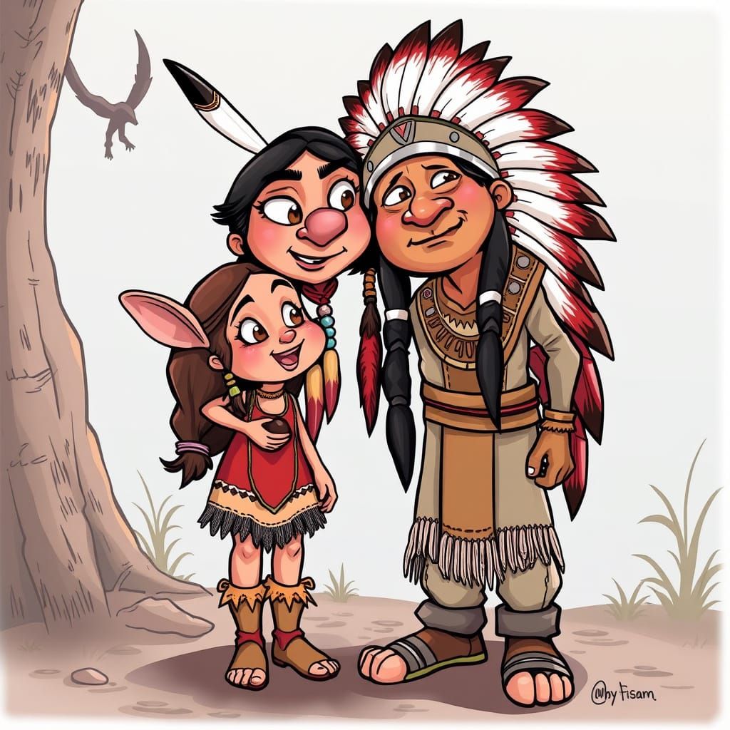 Cartoon of Native American Chief and Family