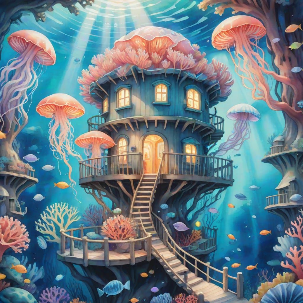 Blue Coral Treehouse Undersea in Watercolour Style