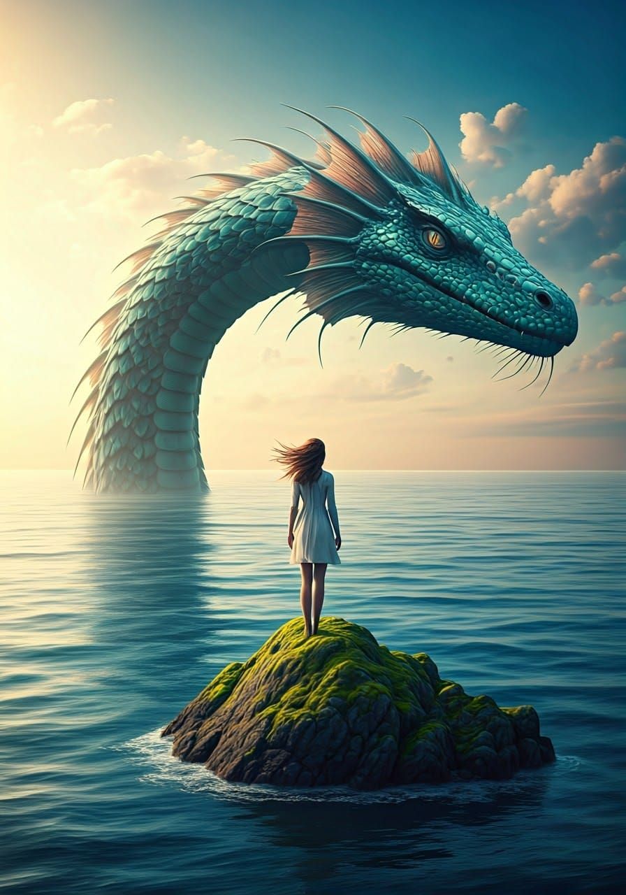 Woman and Sea Serpent in Golden Light