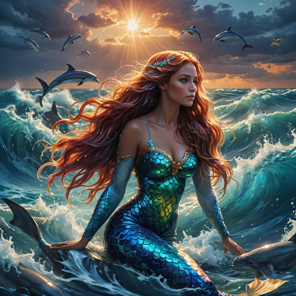 A mermaid is resting on a sunlit amidst turbulent blue sea waves, dolphins swimming in the water, Jennifer springs style...