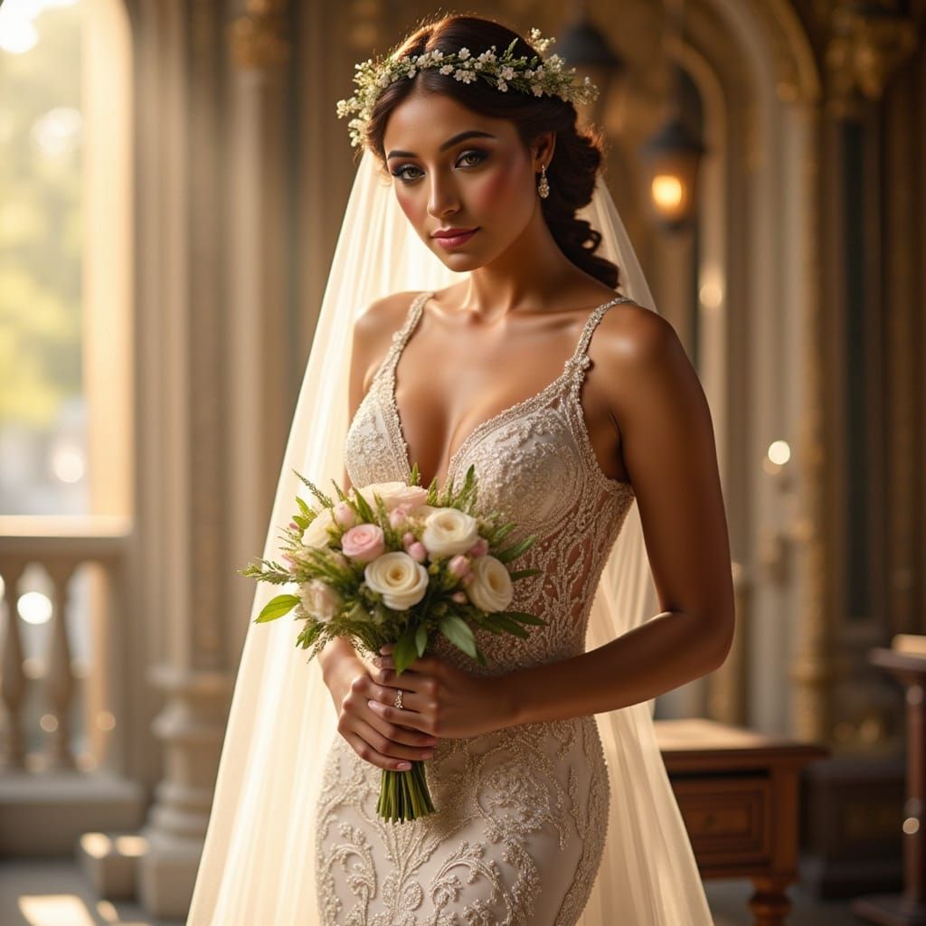 Radiant Bride in Elegant Gown, Ready for Aisle