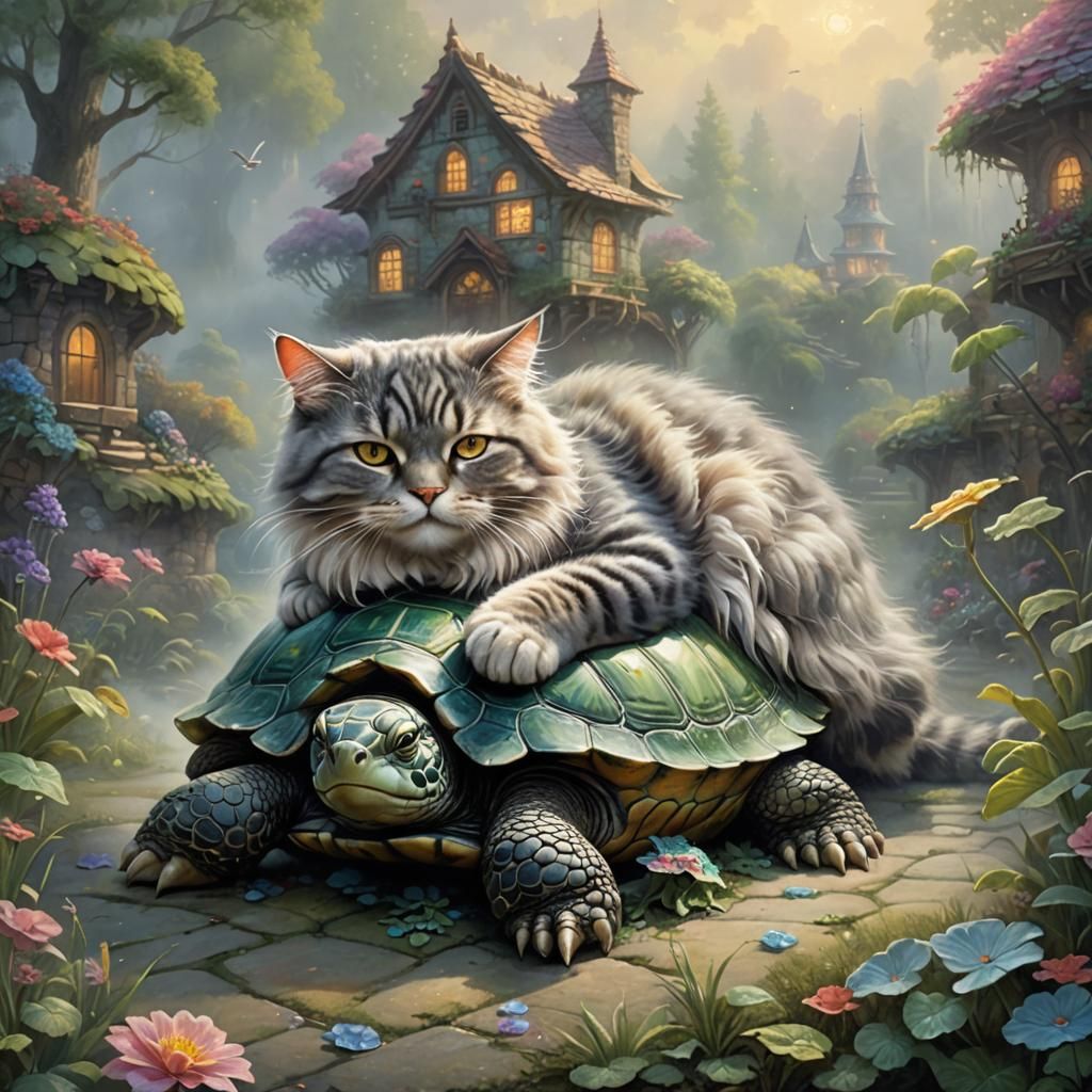 Cat Nap: Fluffy Feline on Turtle Back