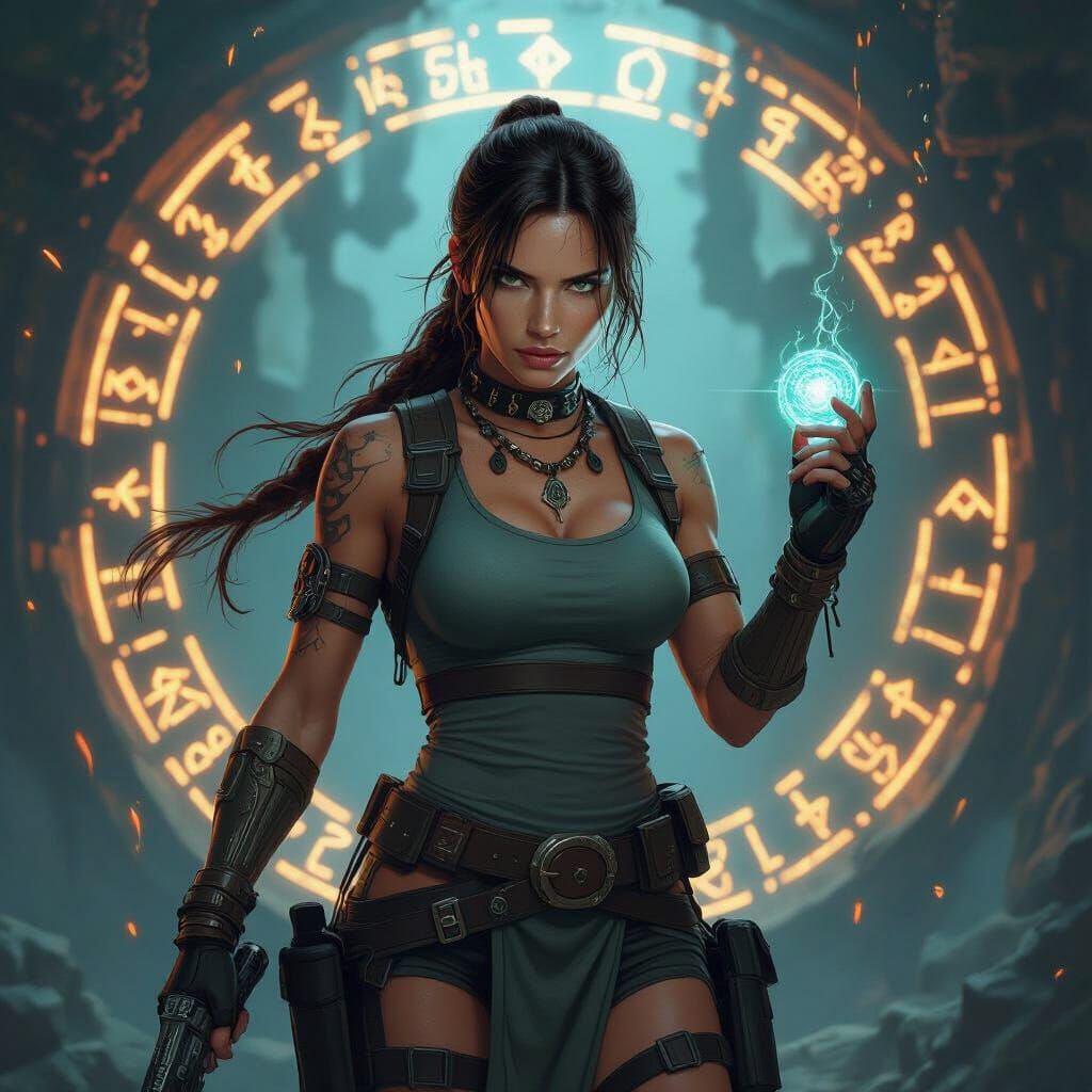 Lara Croft in Mystical Realm with Ancient Artifacts