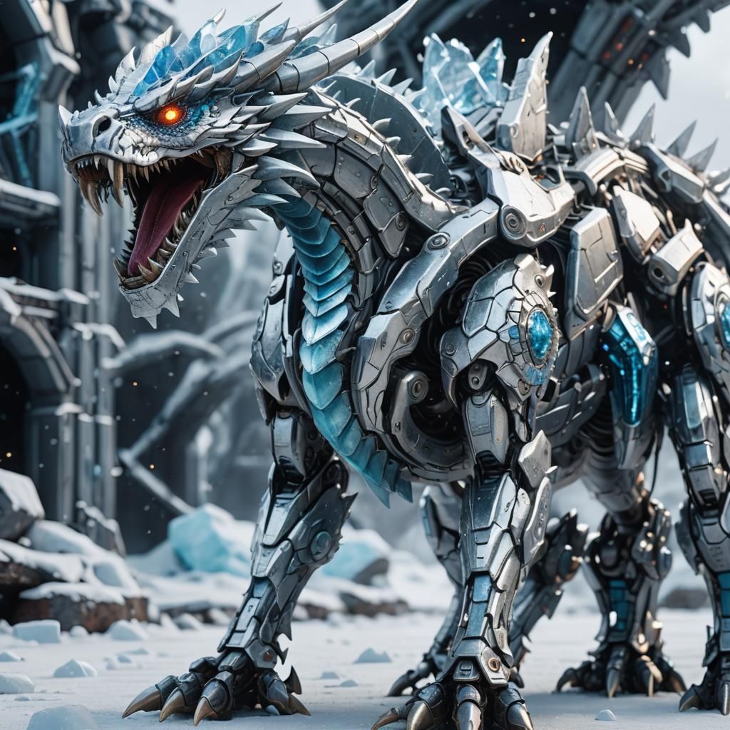 Futuristic Ice Dragon with Intricate Mech Details