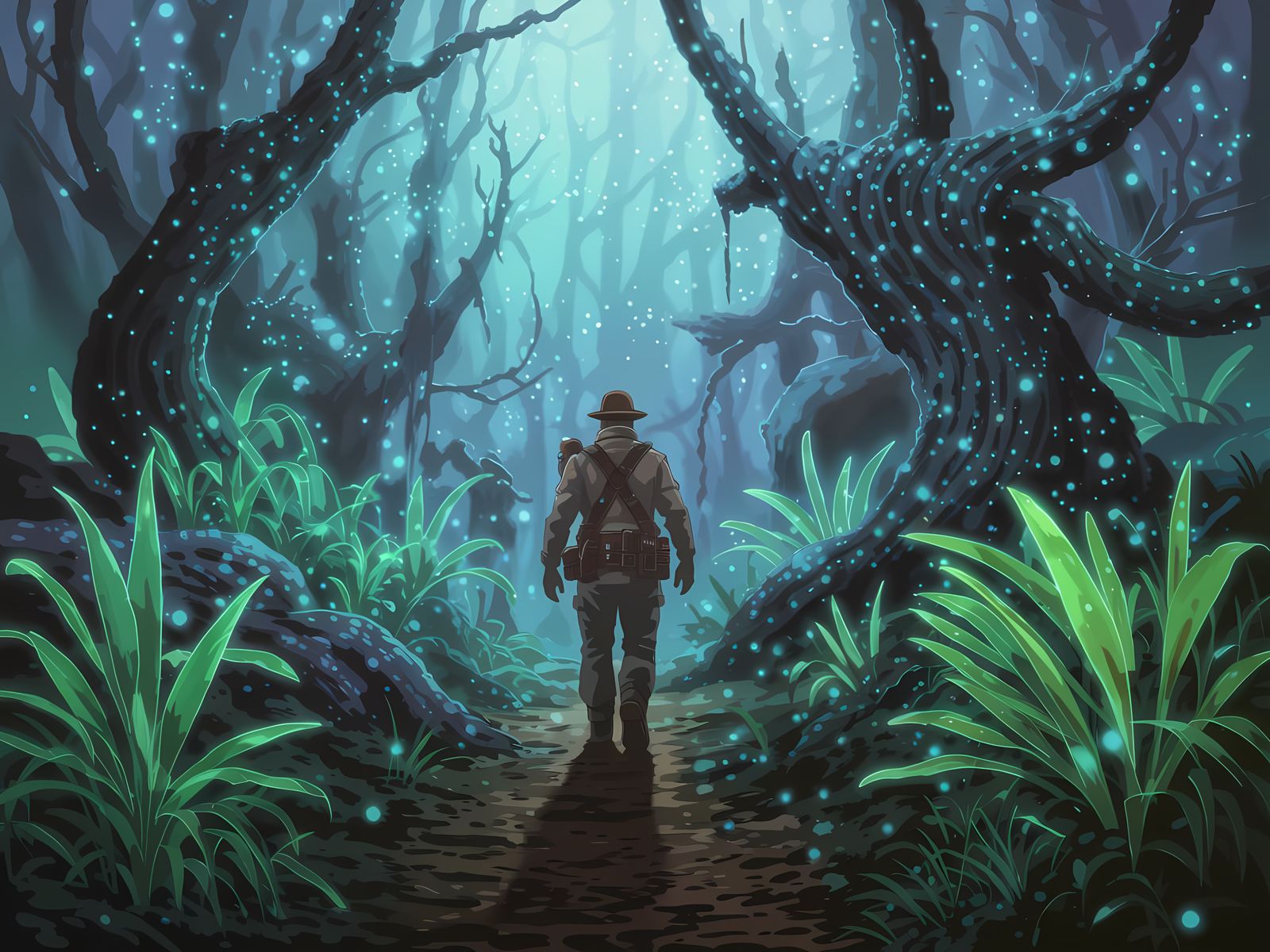 Explorer in Bioluminescent Jungle: Fantasy Concept Art