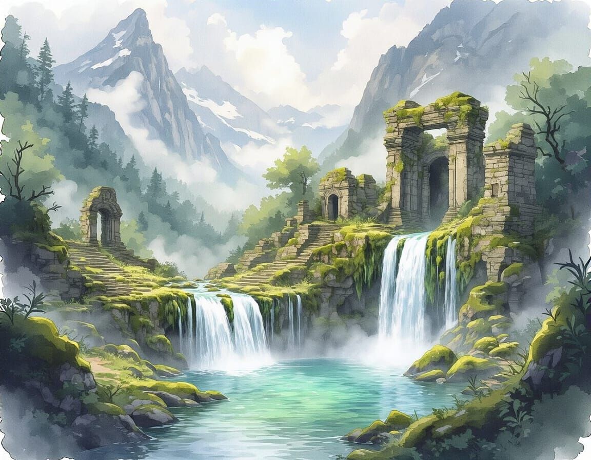 Watercolor Mountain Waterfall with Ancient Ruins