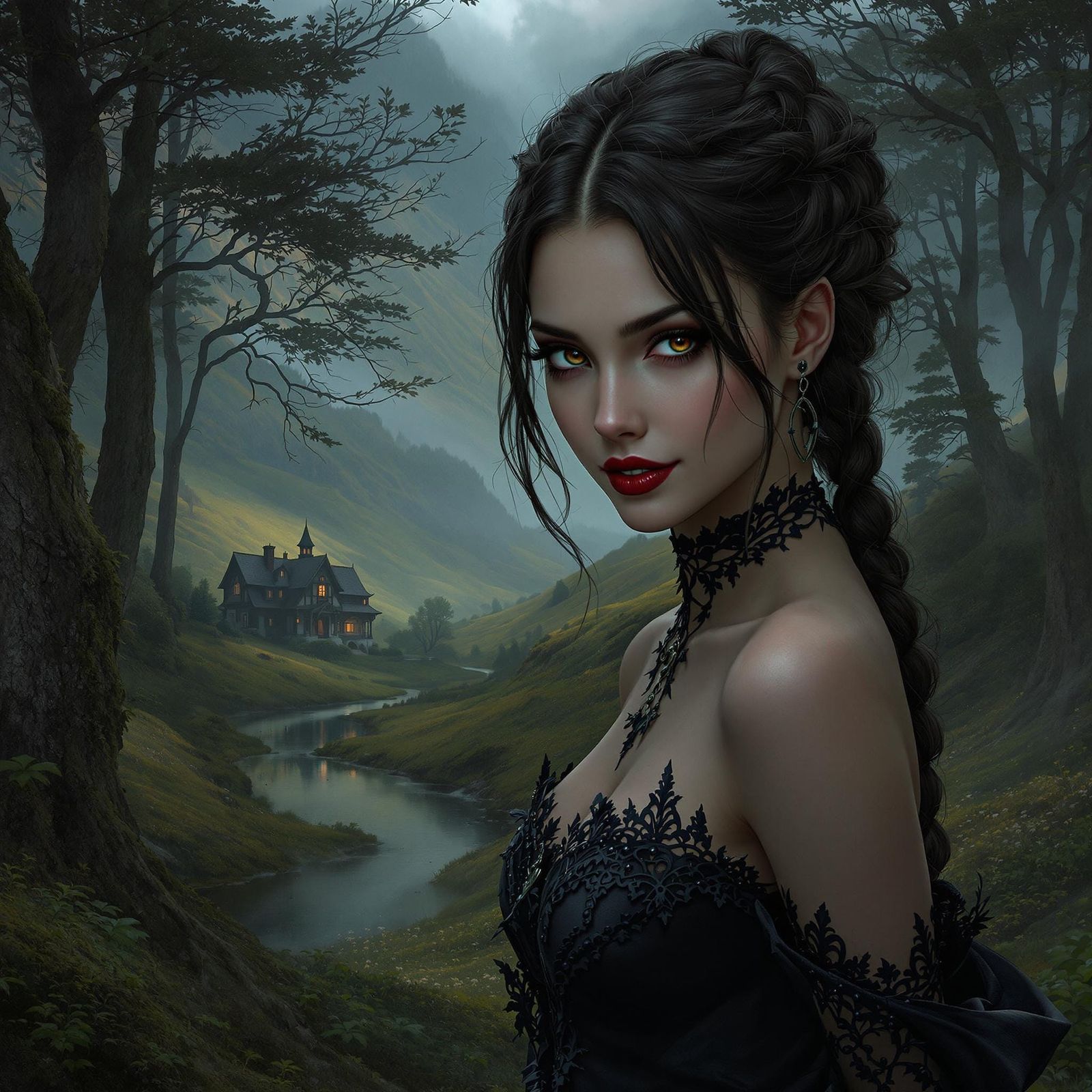 Ethereal Gothic Enchantress in Misty Valley